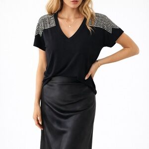 Haute Hippie Black Studded Shoulder V Neck Top M NWT